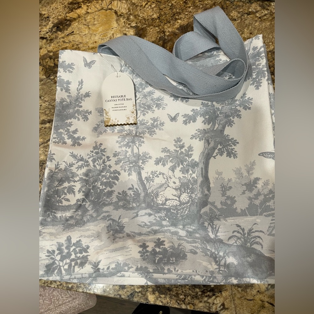 Bunny Tales Reusable Canvas Tote Bag - Dusty Blue and White rabbits toile design